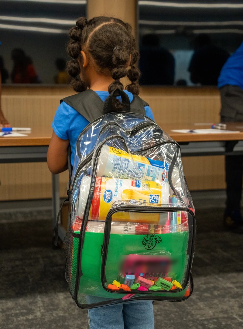A young student wearing a backpack filled with school supplies